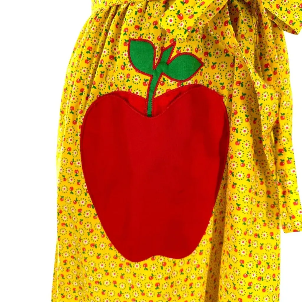 Vintage 60's Swirl Apple Applique Pocket Red and Yellow Wrap Dress Size 10 - Image 4