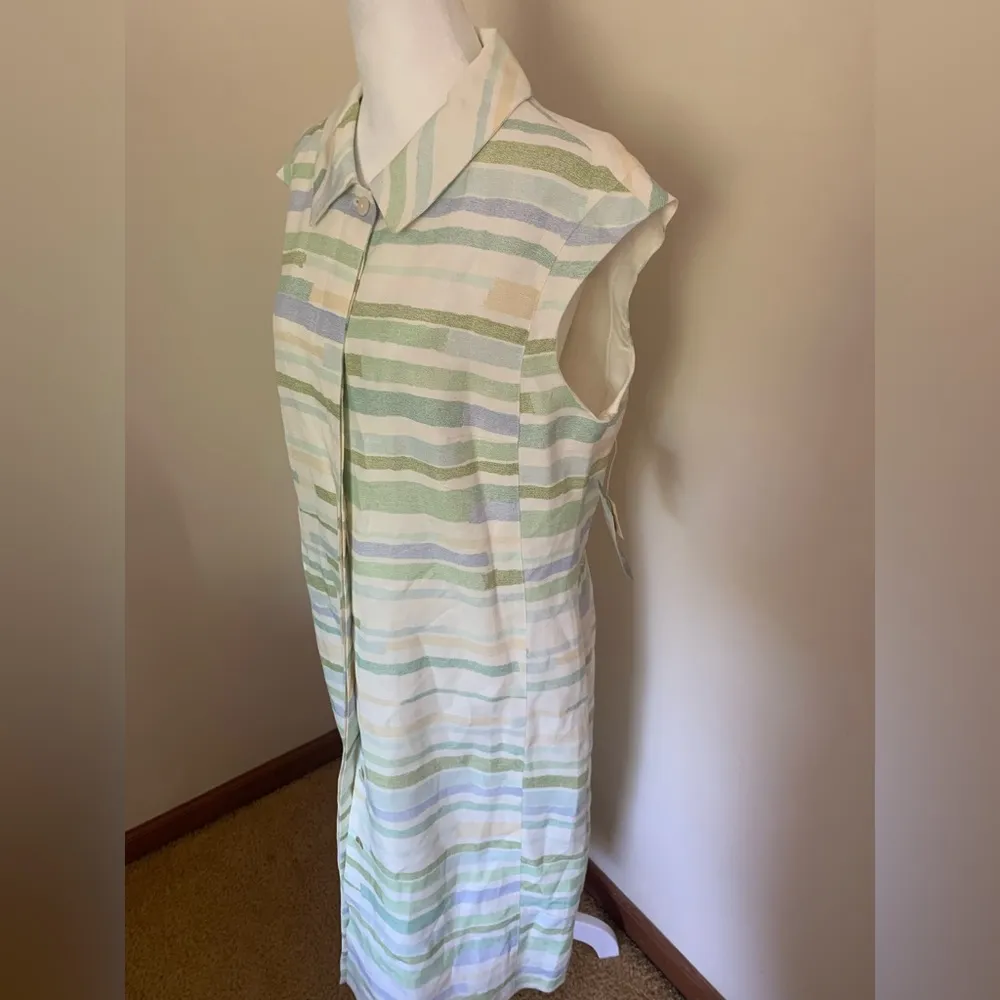 Harve Bernard Linen Blend Sleeveless Green, Blue and Cream Buttoned Dress 12 - Image 4
