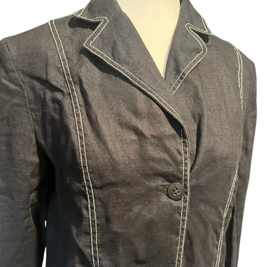 August Silk Women's 6 Black Blazer with White Stitching 100% Linen Summer - Image 2