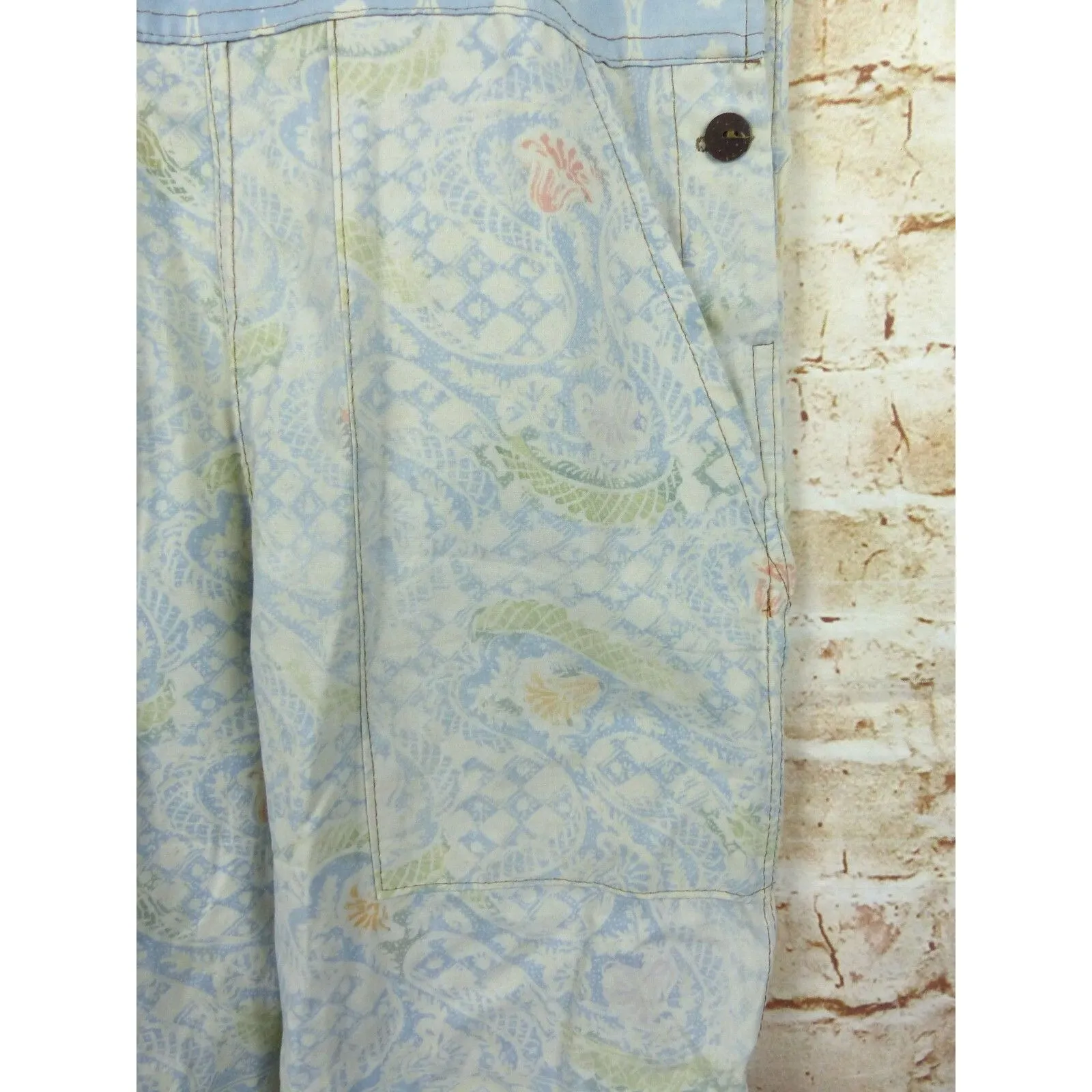 Boho Printed Shortall Women XS Ivory Blue Floral Paisley Bali Batik Home Cottage - Image 7