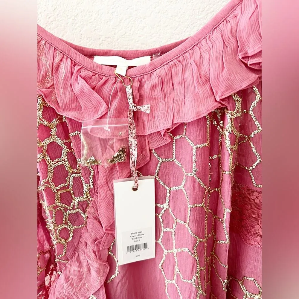 LoveShackFancy Wild Rose Pink Angora Lace Sequin Long Sleeve Mini Dress Size 0 - Image 3