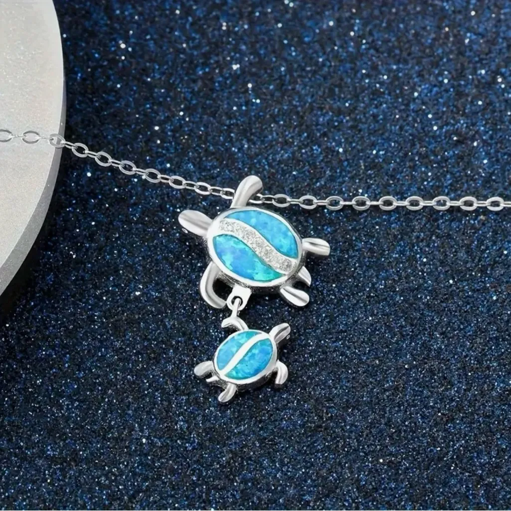 Silver Plated Tear Drop Opal Turtle Parent‎ Child Pendant, Minimalist Necklace - Image 6