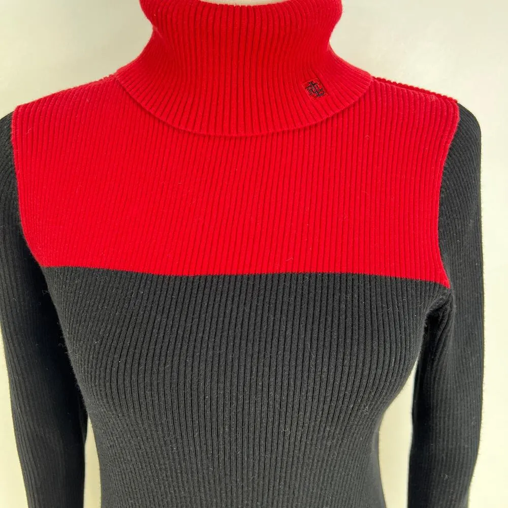 Lauren Ralph Lauren Ribbed Knit Turtleneck Sweater Colorblock Black Red Size L - Image 2