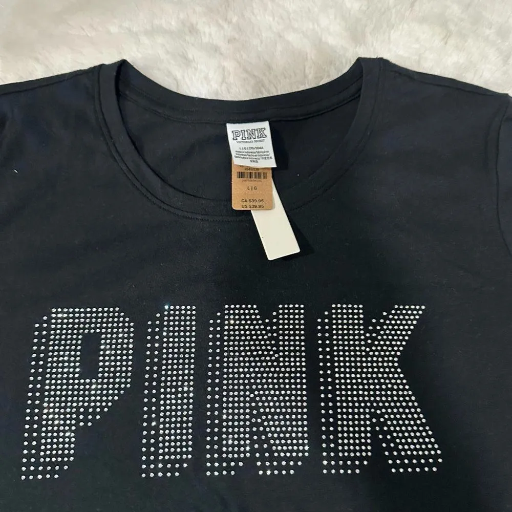 Victoria's Secret PINK Black Silver Shine Rhinestone Bling Tee Shirt - Image 5