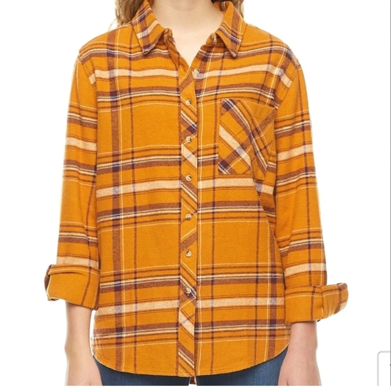 Arizona Jean Co Mustard Purple and White Plaid Button Down Long Sleeve Shirt S - Image 2