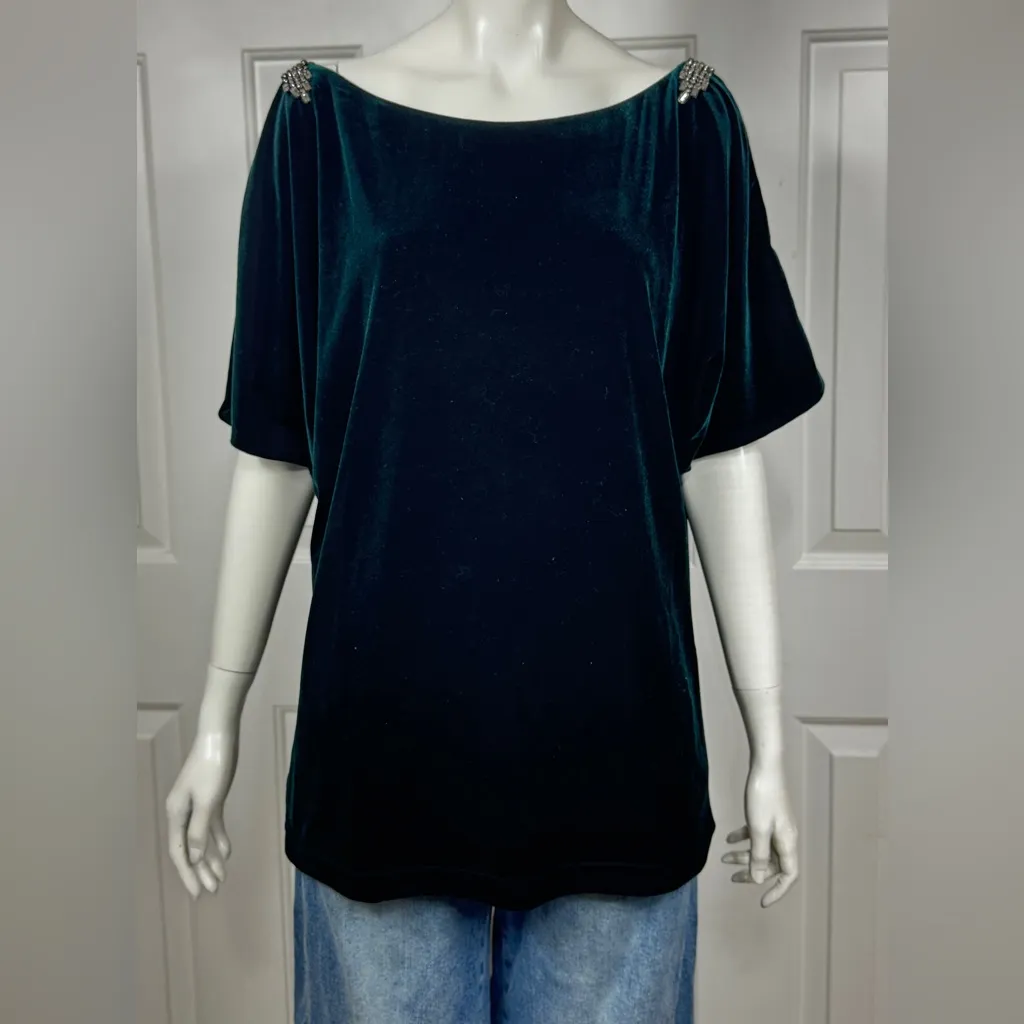 Adrianna Papell Hinter Green Rich Soft Velvet Embellished Shoulders Size XL - Image 5