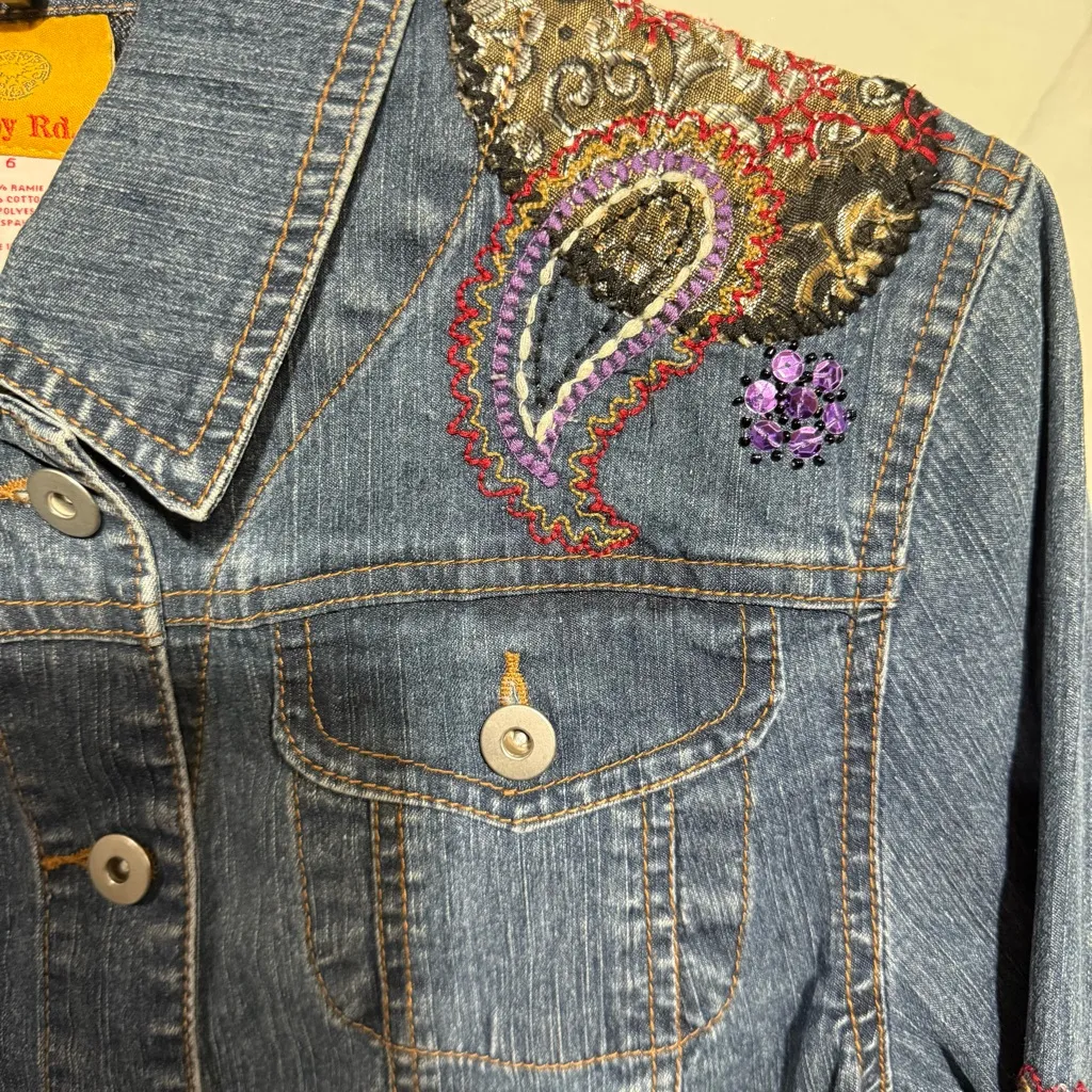 Ruby Rd. Blue Embroidered Embellished Paisley Jean Jacket Size 6 - Image 4