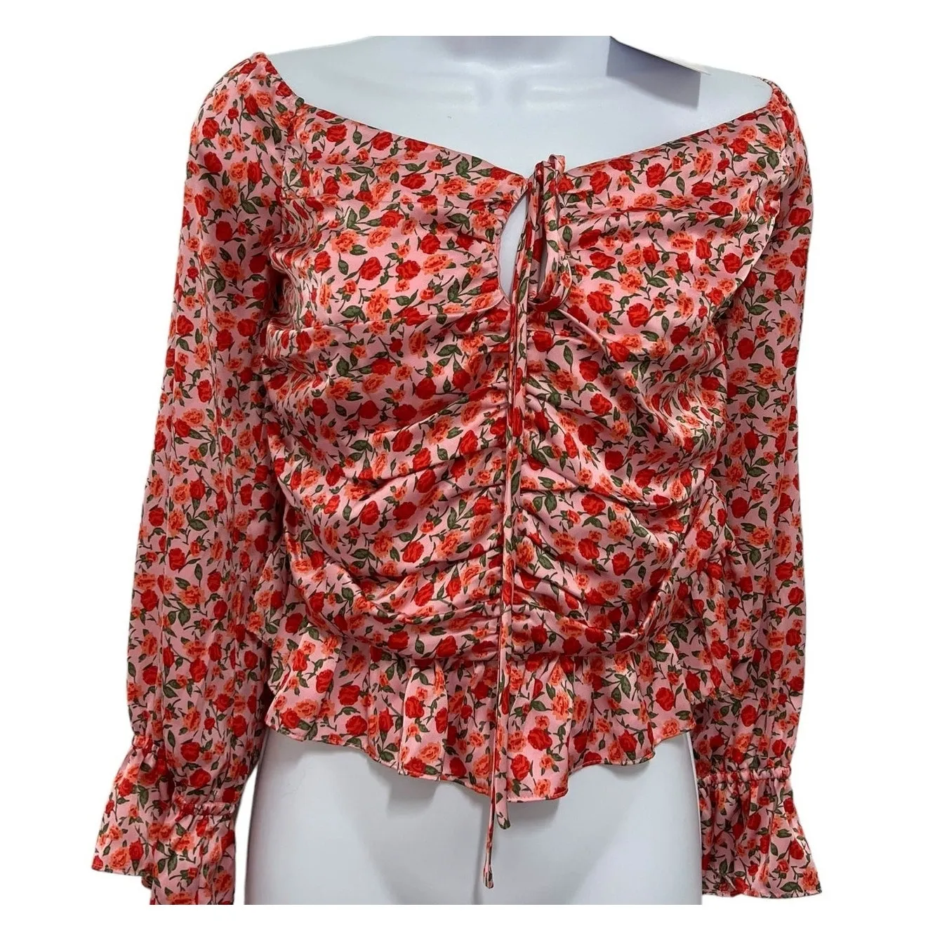 Wayf Avra Short Puff Sleeves Crop Top Red Pink Floral Smocked Ruffle Peplum XL - Image 4