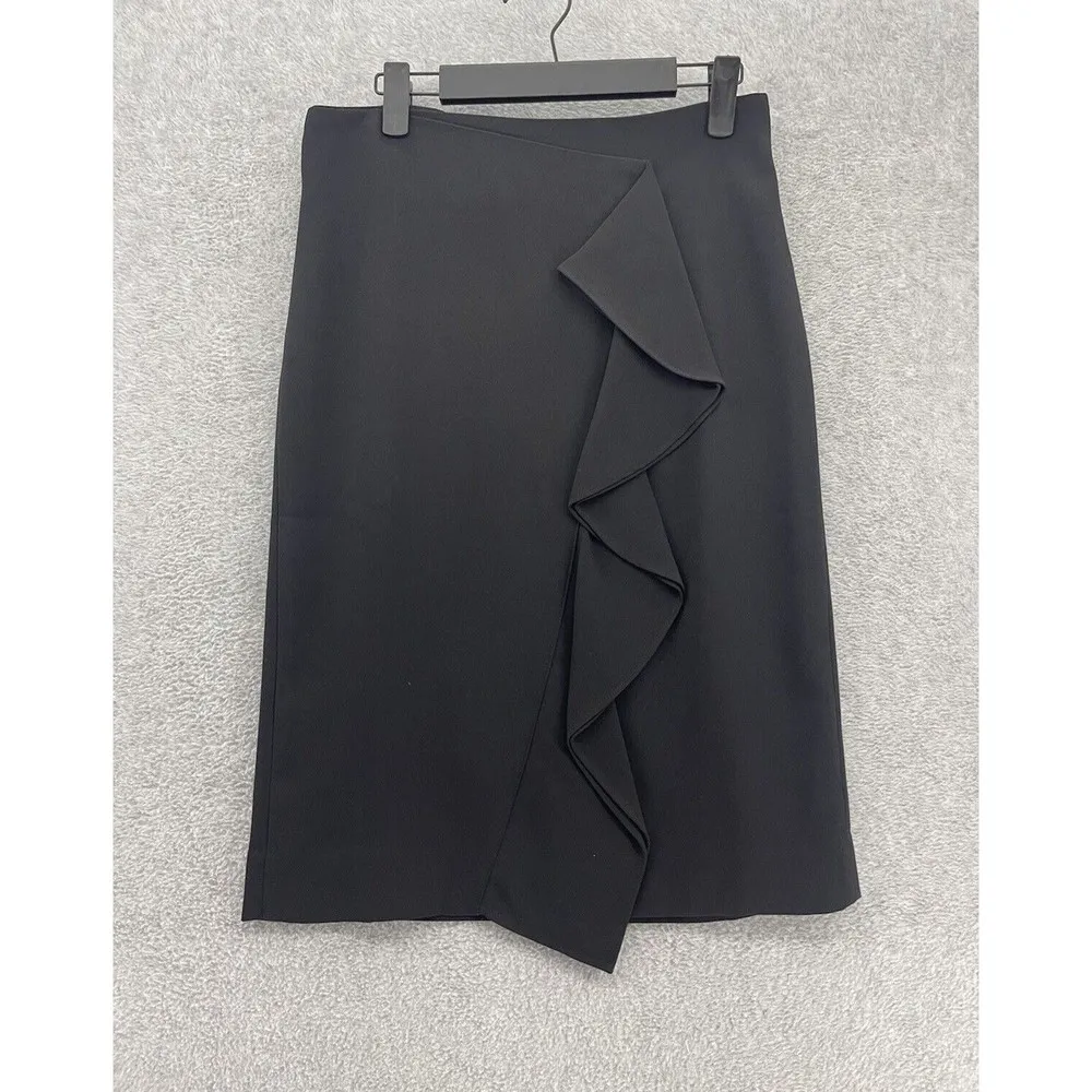 J.Crew Women's A Line Skirt Solid Black Ruffle Trim Size 4 Lined Knee Length - Image 11