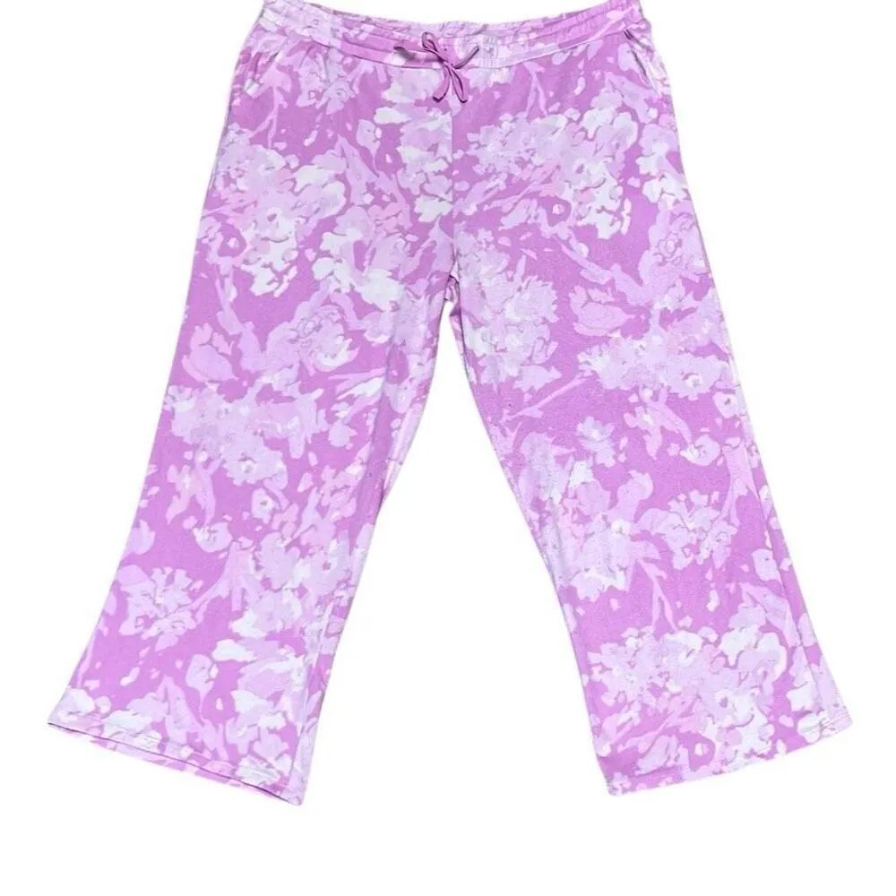 Natori Pink Floral Elastic Drawstring Cropped Pajama Lounge Pants Large Casual - Image 2