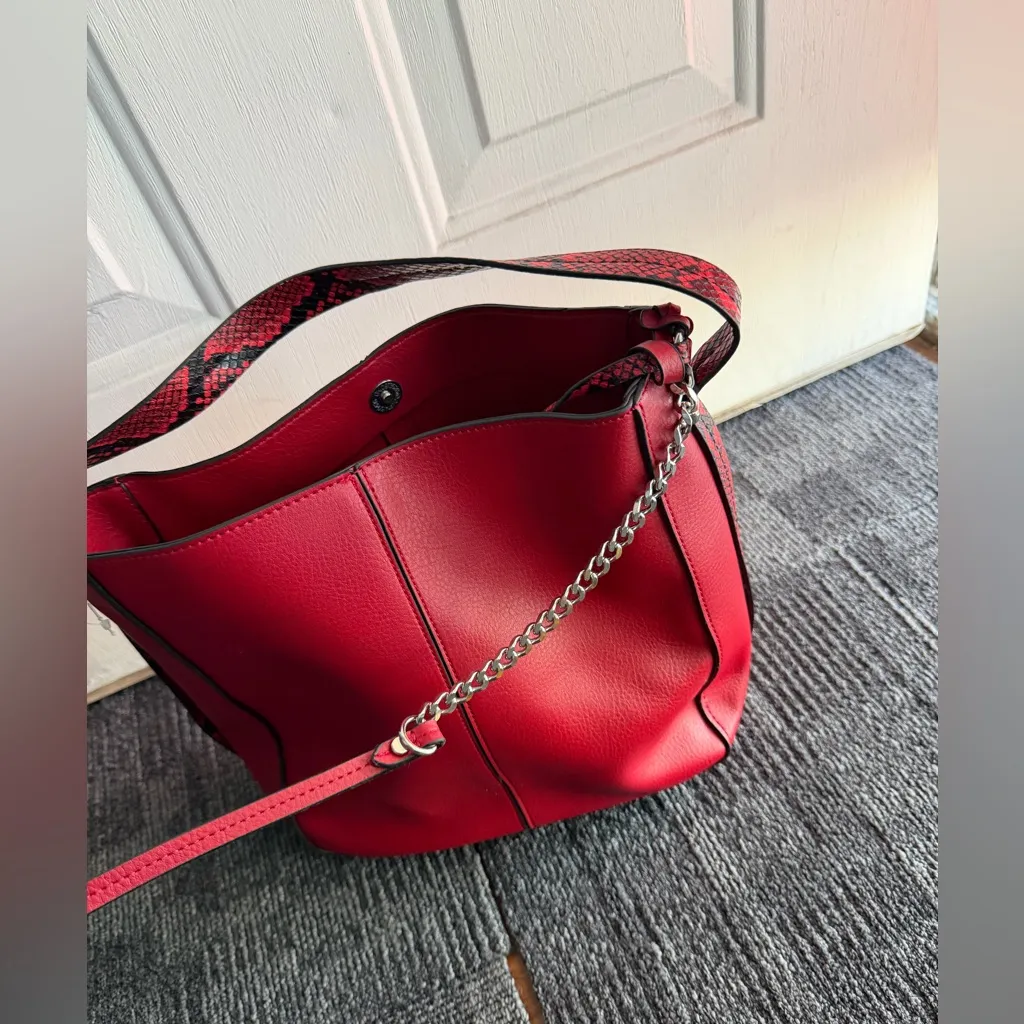 Andrea Red Faux Leather Tote Bag Snake Print Strap & Pouch – NWOT - Image 3