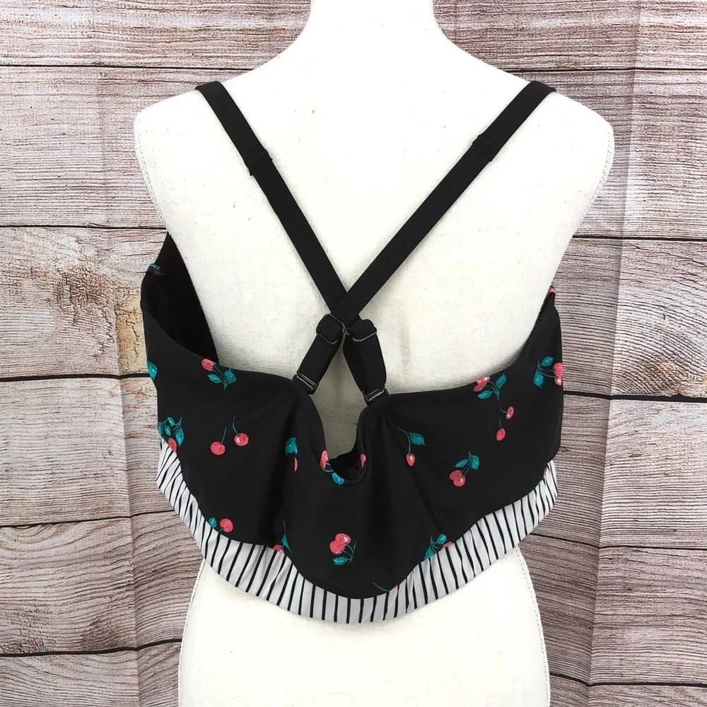 Swim By Cacique Black and Red Bikini Top Cherry Print Size 44DD - Image 5