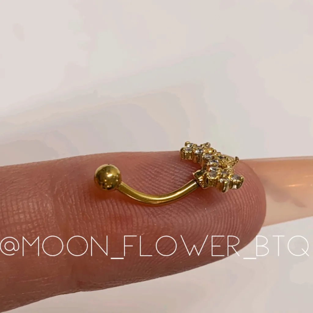 18k Gold Plated Surgical Steel Triple Flower CZ Rook Barbell Earring 16g - Image 4