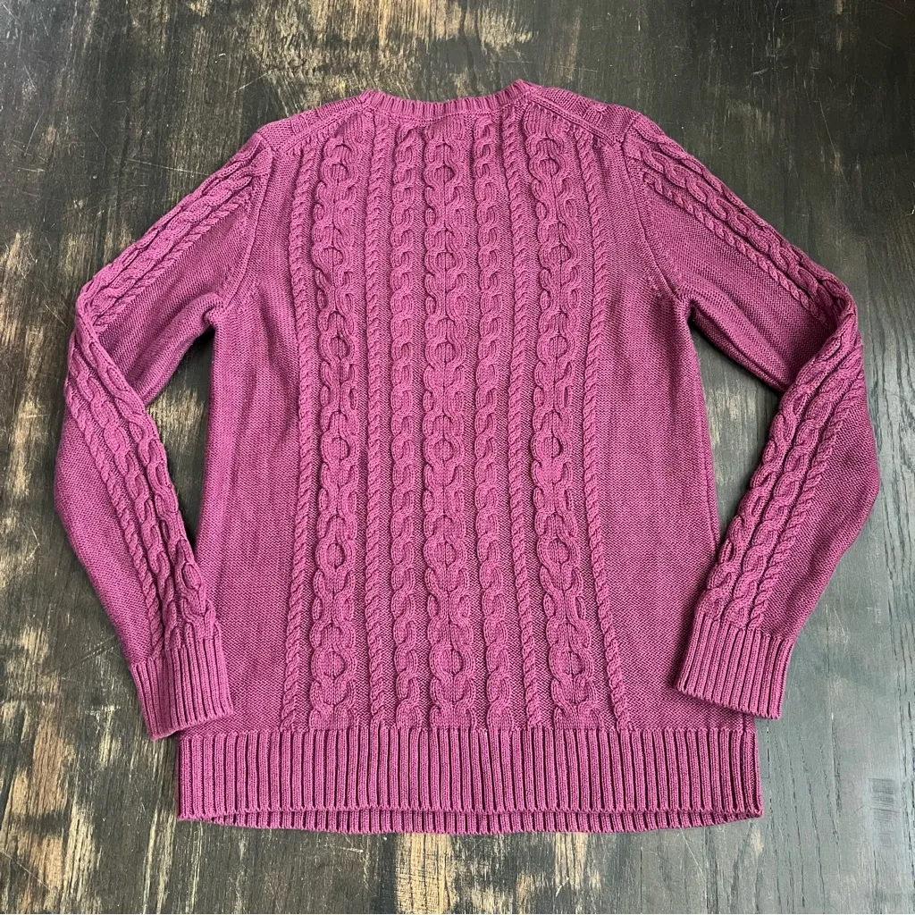 L.L. Bean Women’s Purple Magenta Cable Knit Fishermans Crew Neck Sweater Plum M Size M - Image 2
