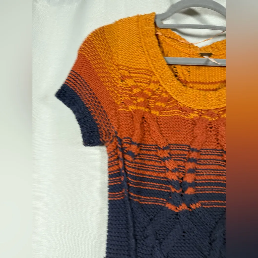 Free People Orange and Navy Blue Sunset Knit Sweater Dress Small - Image 4