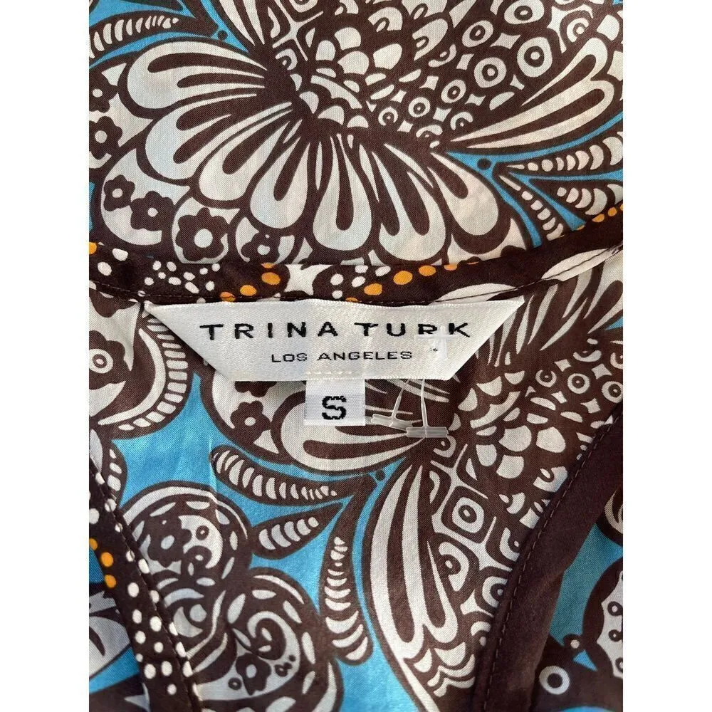 Trina Turk Sleeveless Silk Top Blouse Women’s Small Blue Retro Colorful Tropical - Image 2