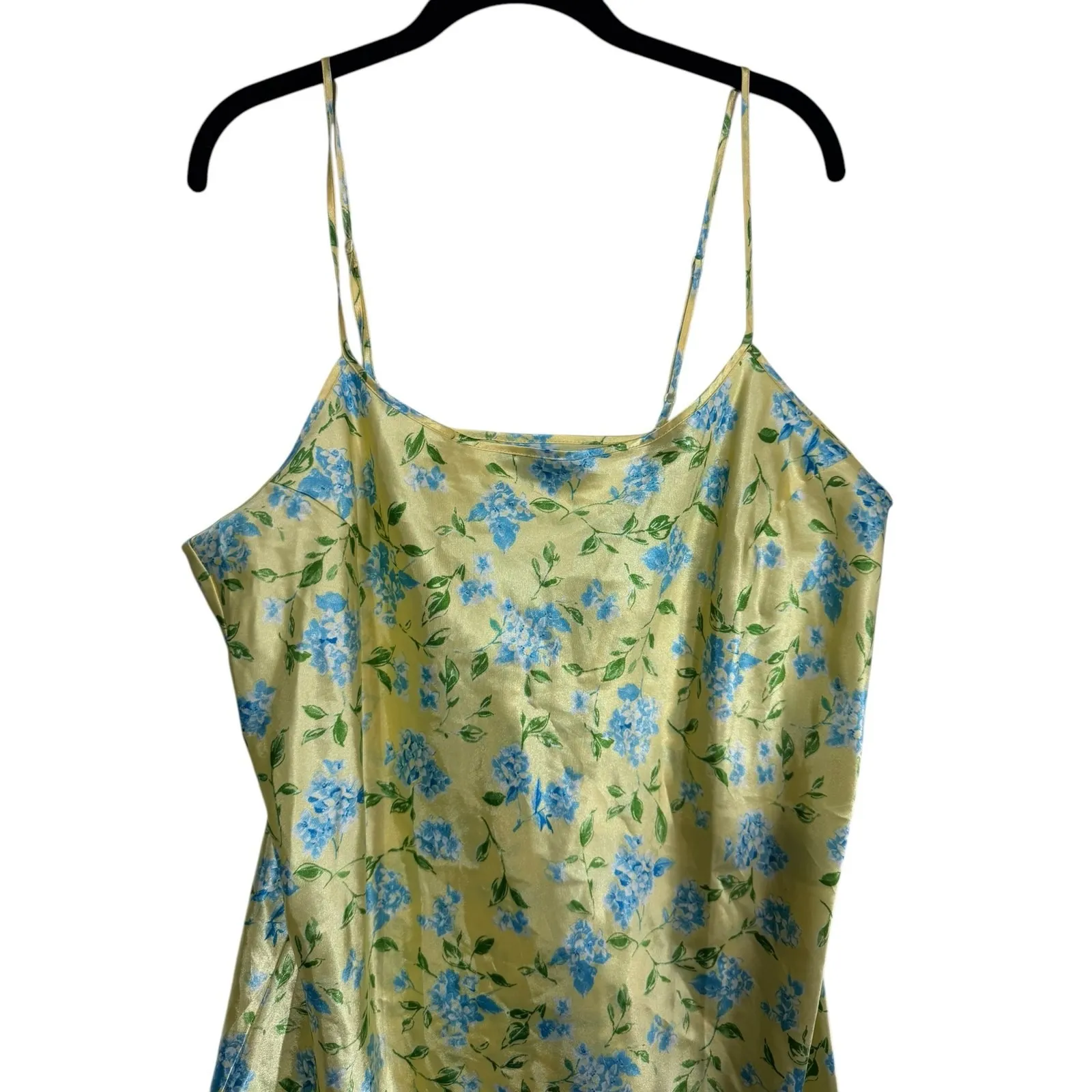 AVON Yellow Blue Garden Floral‎ Print Satin Slip Mini Dress Chemise Plus Size 1X - Image 2