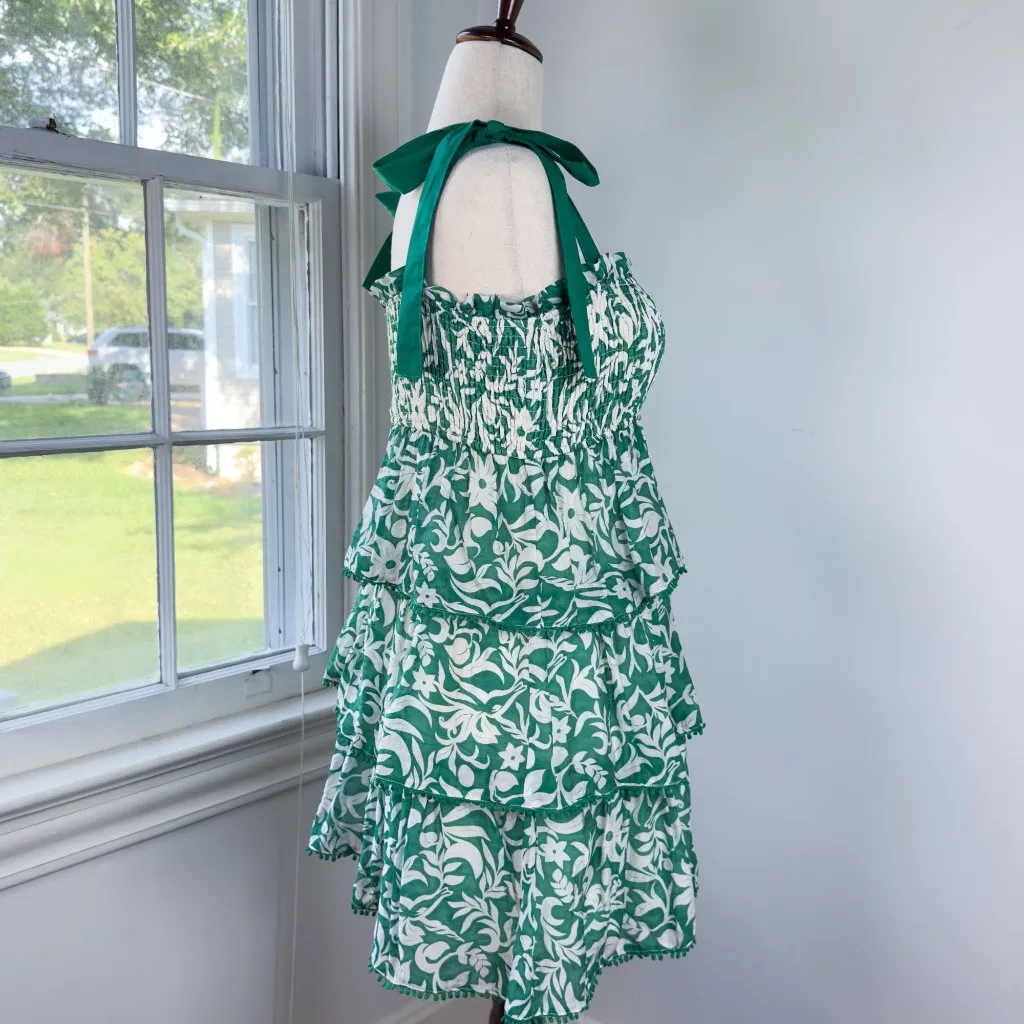 Fabrik Smocked Green and White Floral Ruffle Dress Small - Image 4
