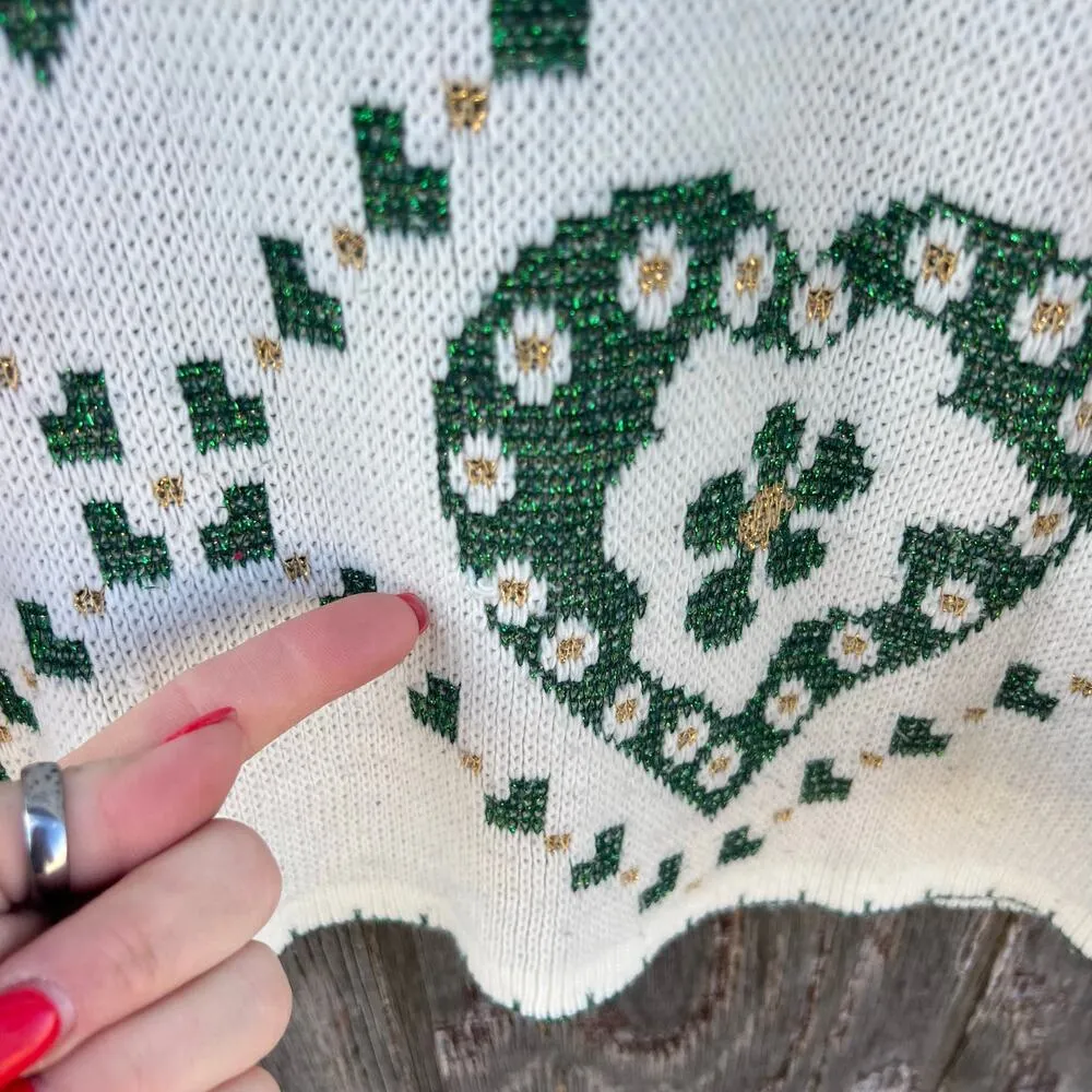 Vintage 90s holiday time gold green metallic knit Christmas ugly sweater LARGE - Image 5