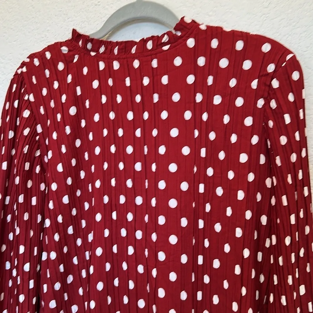 Lulus Pleat to Meet You Wine Red Polka Dot Long Sleeve Shift Dress - Image 6