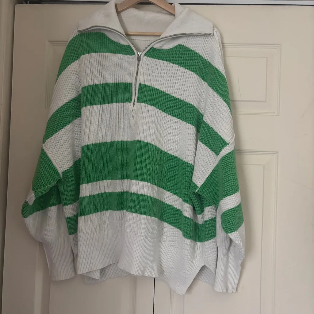 Aerie Beyond Quarter Zip Sweater Green and White Polo Stripe Oversized Size XL - Image 2