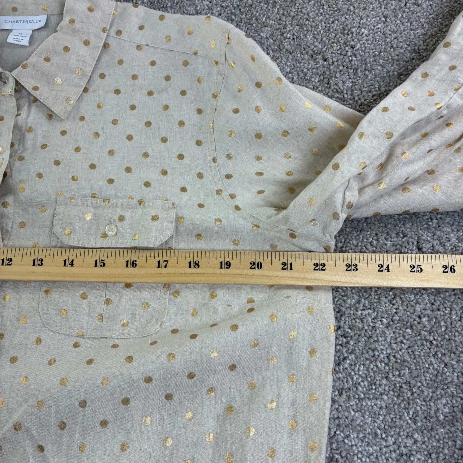 Charter Club Womens XL Beige Gold Dot Linen Button Up Tunic Retro Casual Resort - Image 6