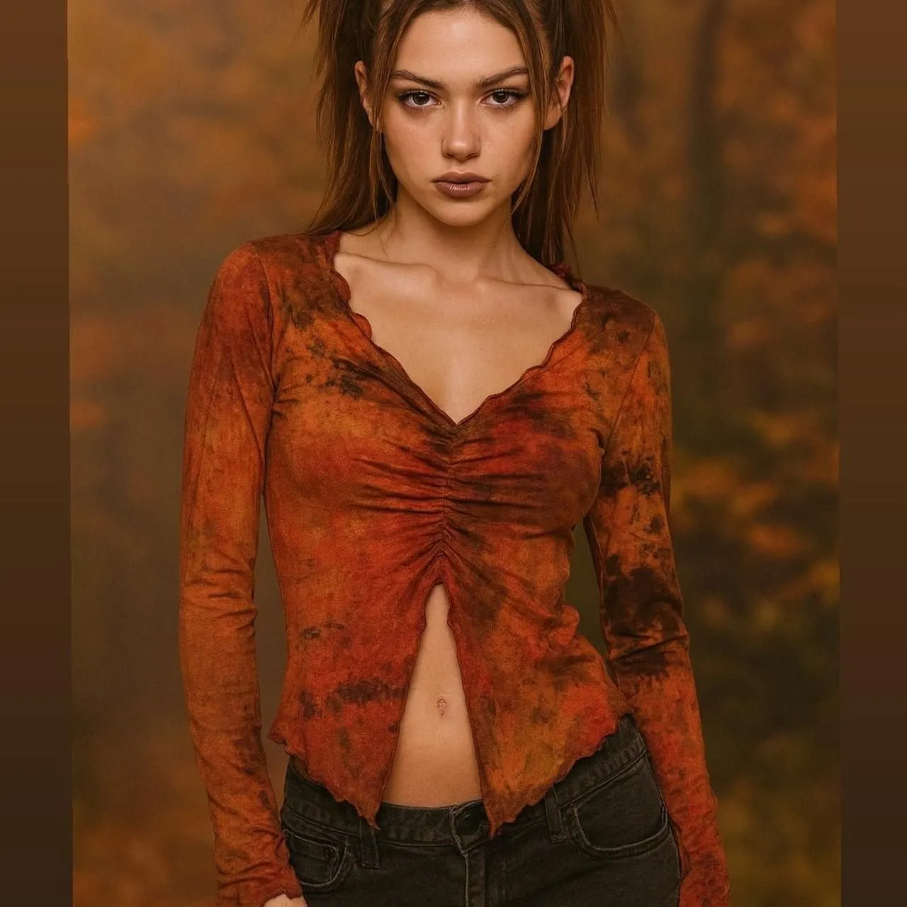 vintage Y2K 2000s retro Orange and red tie dye long sleeve lettuce hem top shirt - Image 2