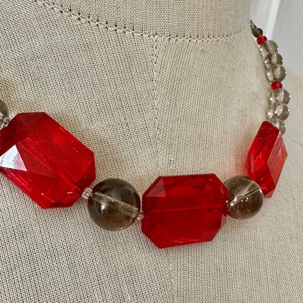 Smoky Glass & Red Acrylic Bead Statement Necklace sterling clasp - Image 2