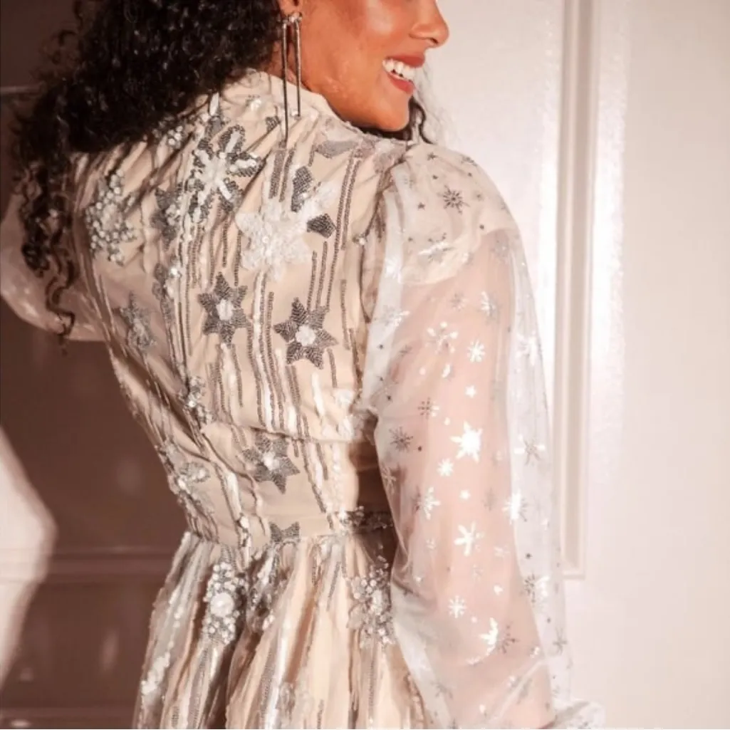 IVY CITY CO Ellis Dress in silver sequin champagne Sheer Starry Dress Bow S White - Image 4