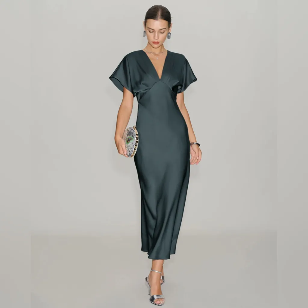 Rihoas Grey Green Satin Cowl Sleeve Midi Dress Size 6 - Image 3