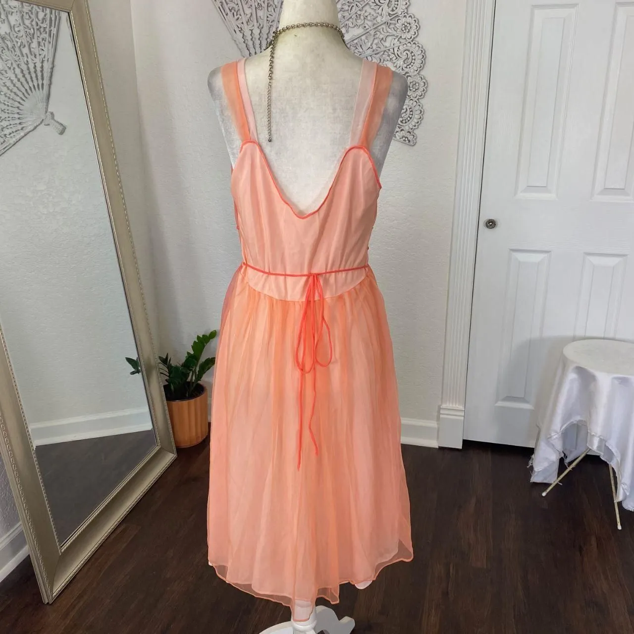 Blush Orange Pink Mesh 1960s Fairy Bow Frilly Union Made in USA Midi Dress M Size M - Image 6