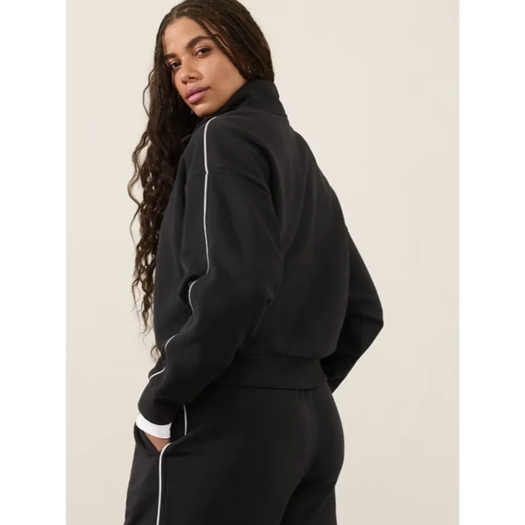 Athleta S Forever Fleece 1/2 Zip High Hip Piping Sweatshirt Black White Small - Image 2