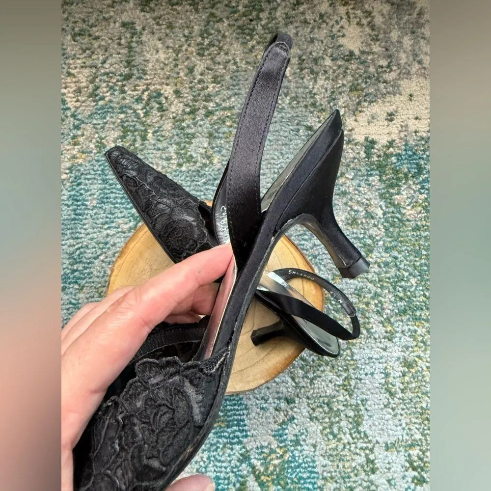 Vintage Y2K NOS Stuart Weitzman black lace slingback kitten heels, size 6.5M - Image 10
