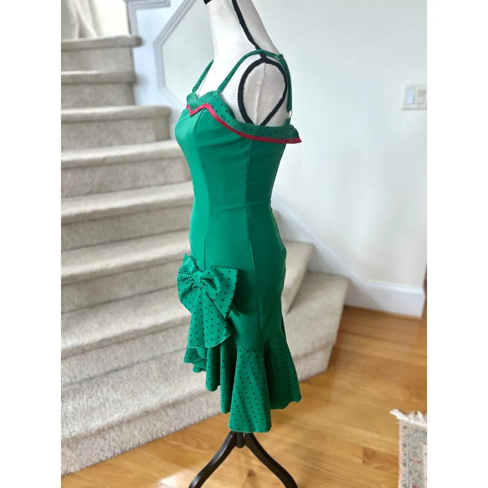 Tatyana Emerald Green & Red Polka Dot Ruffle Hem Sheath Vintage Pinup Rockabilly - Image 3