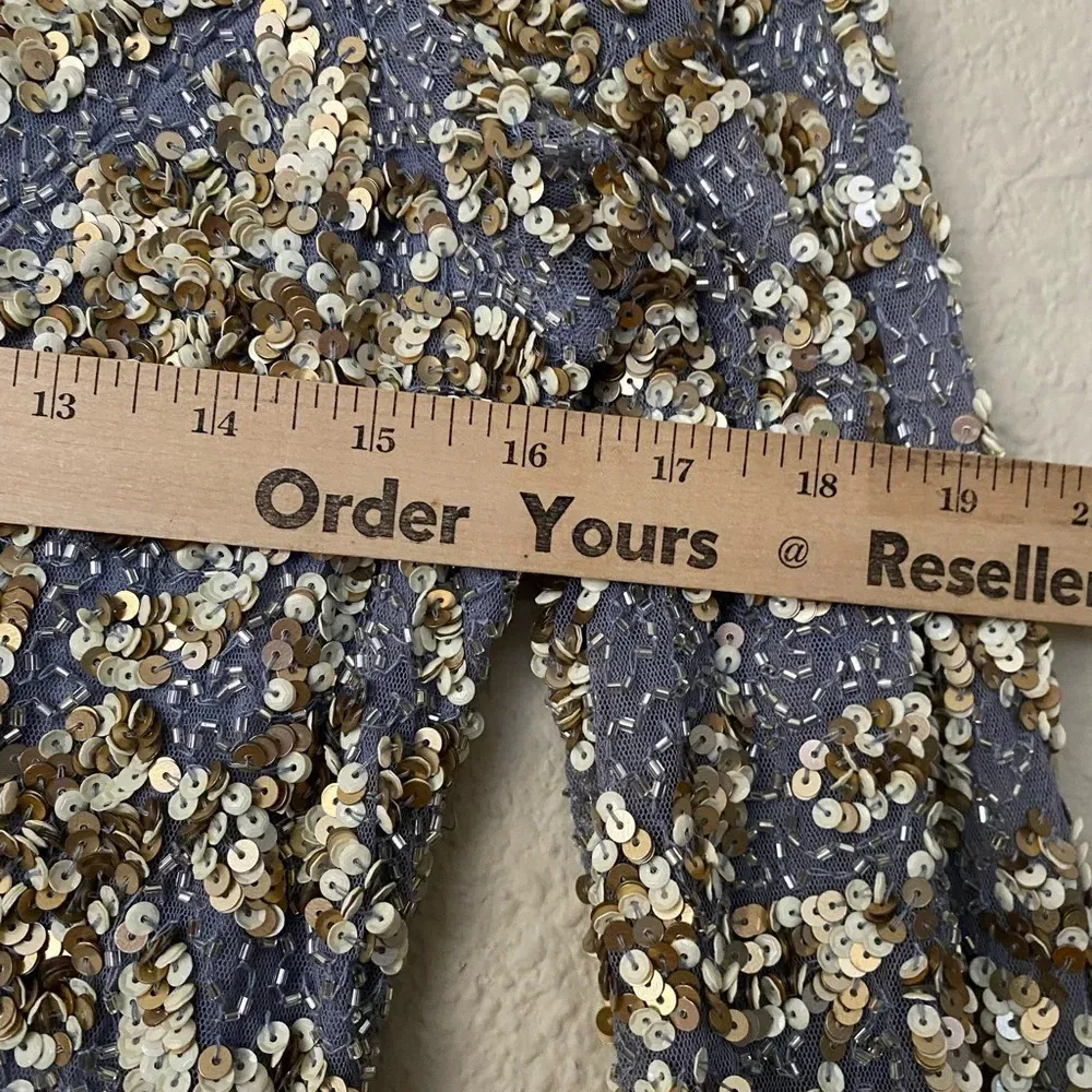 Mac Duggal Beaded Waist Long Sleeve Beaded Illusion Gown in Platinum/Gold Size 6 - Image 14