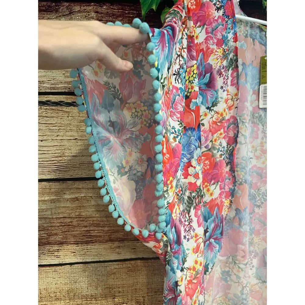 Gianni Bini Open Front Kimono Cardigan Floral Garden Spring Pom Pom Boho OS NWT - Image 3
