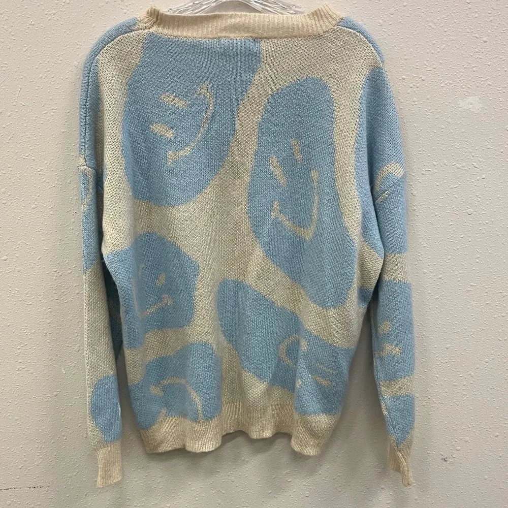 Altard State Blue & Cream Smiley Face Dolman Sleeve Oversized Sweater Small #716 - Image 7