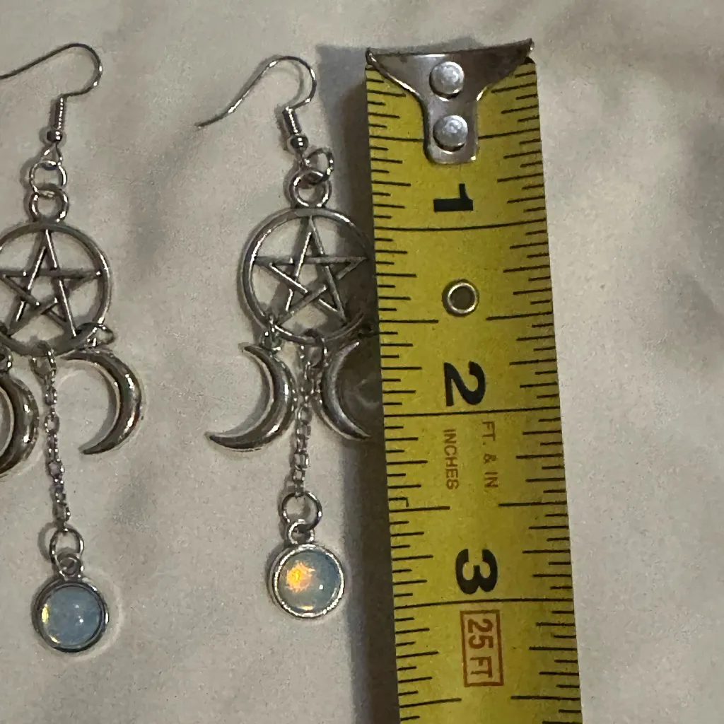 Gothic Pentagram Crescent White Crystal Earrings Faux Moonstone Witch Pagan Silver - Image 3