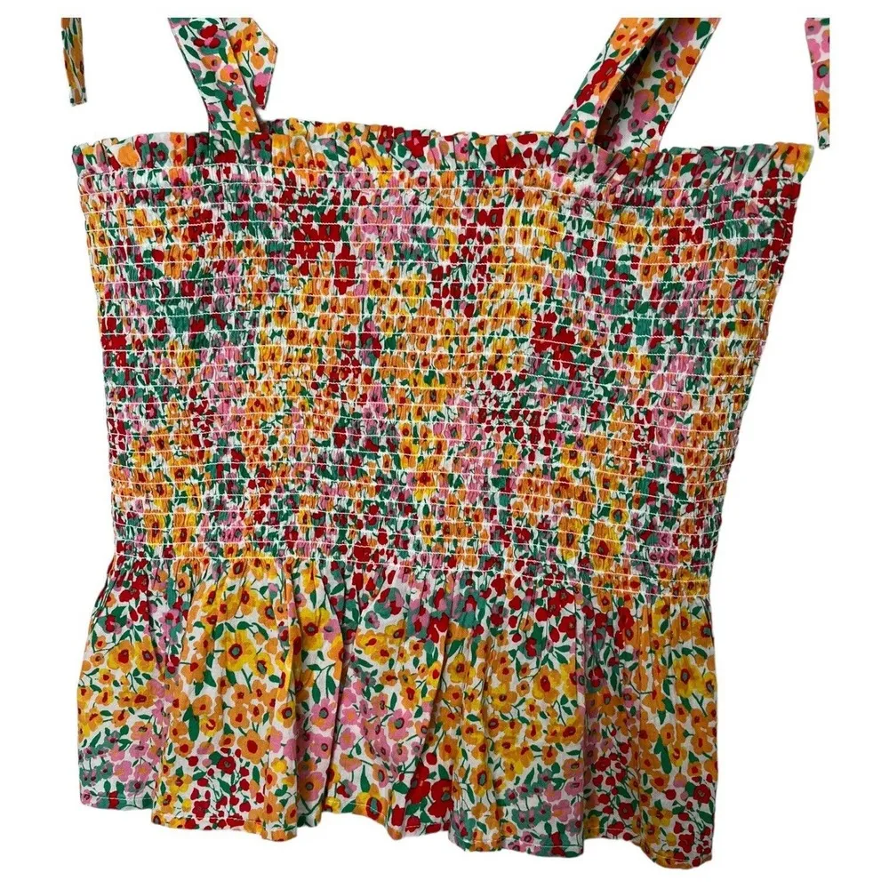 New J Crew Top Womens M Smocked Ditsy Floral Tie Shoulder Straps Tank Multi - Image 12