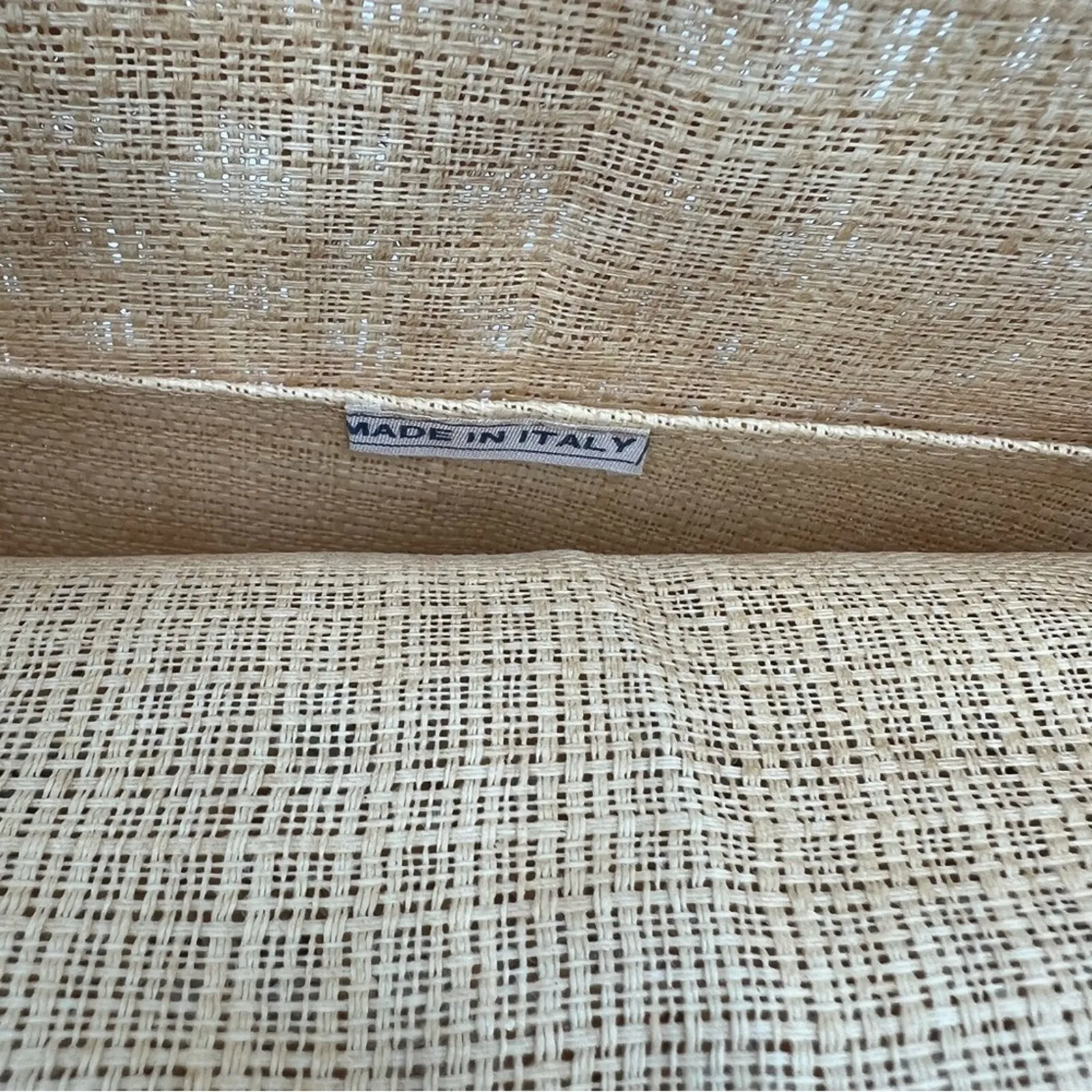 Jute handbag brown geometric open weave round handle carved wood Italy boho - Image 11