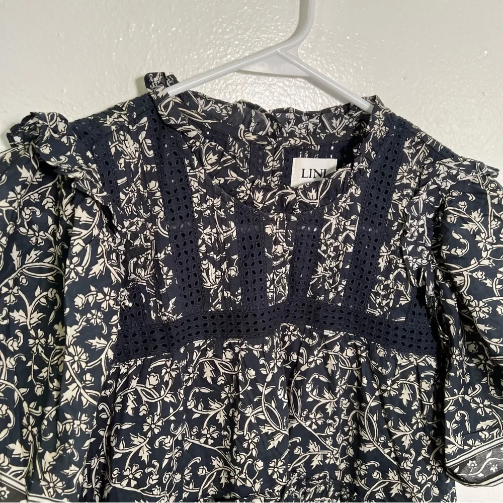 LINI Australia Dress Navy White Floral Eyelet Lace Ruffle Blue Size 4 - Image 9