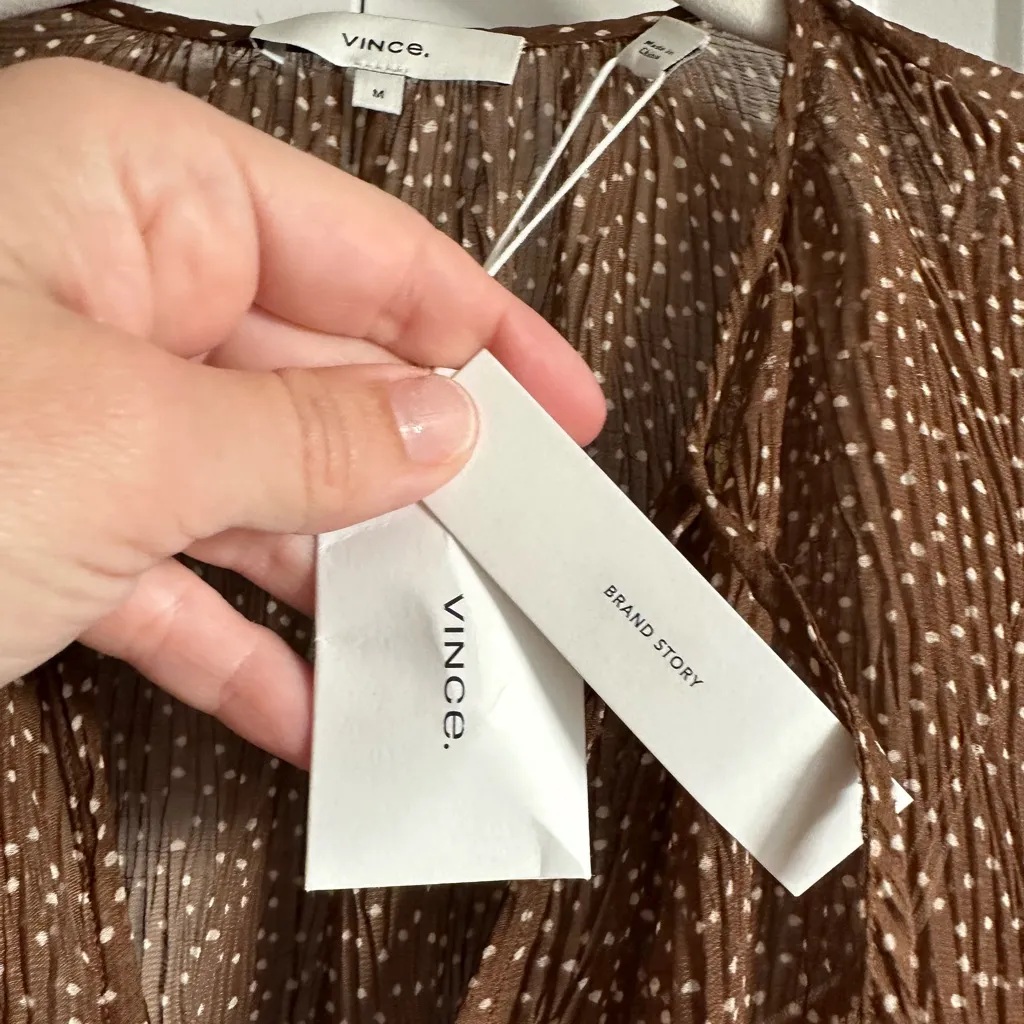 Vince Starry Dot Womens Dress M Medium Brown Long Sleeve Shirred Midi‎ $495 - Image 6