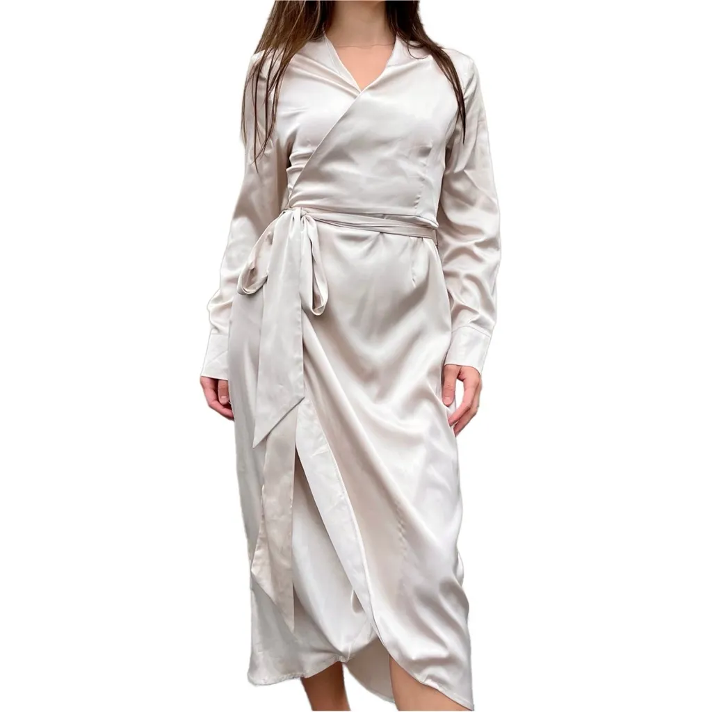 Never Fully Dressed by ASOS Champagne Satin Midi Wrap Shirt Dress Size 8 Gold - Image 3