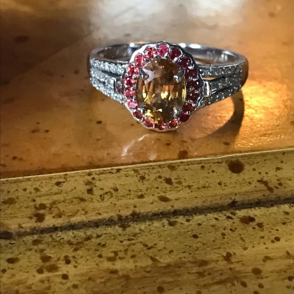 Natural Red Sapphire Yellow Zircon Sterling Silver Gemstone Halo Ring Size 8 - Image 8