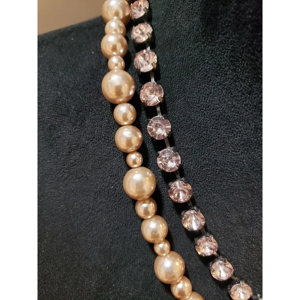 Womens 2 Strand Faux Pearl Rhinestone Trim Bling Chain Necklace w/ Spring Clasp White - Image 5