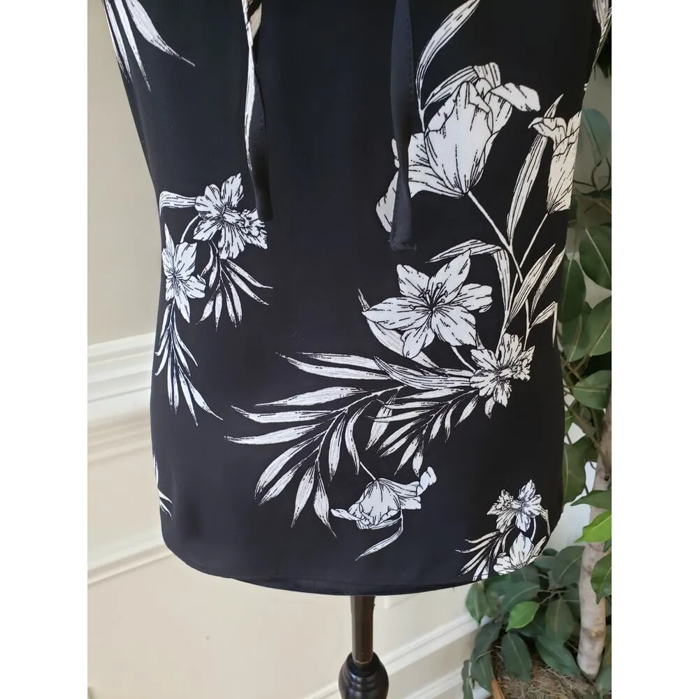 White House Black Market Tank Top Women Small Black White Floral Ruffle Tie Neck - Image 9