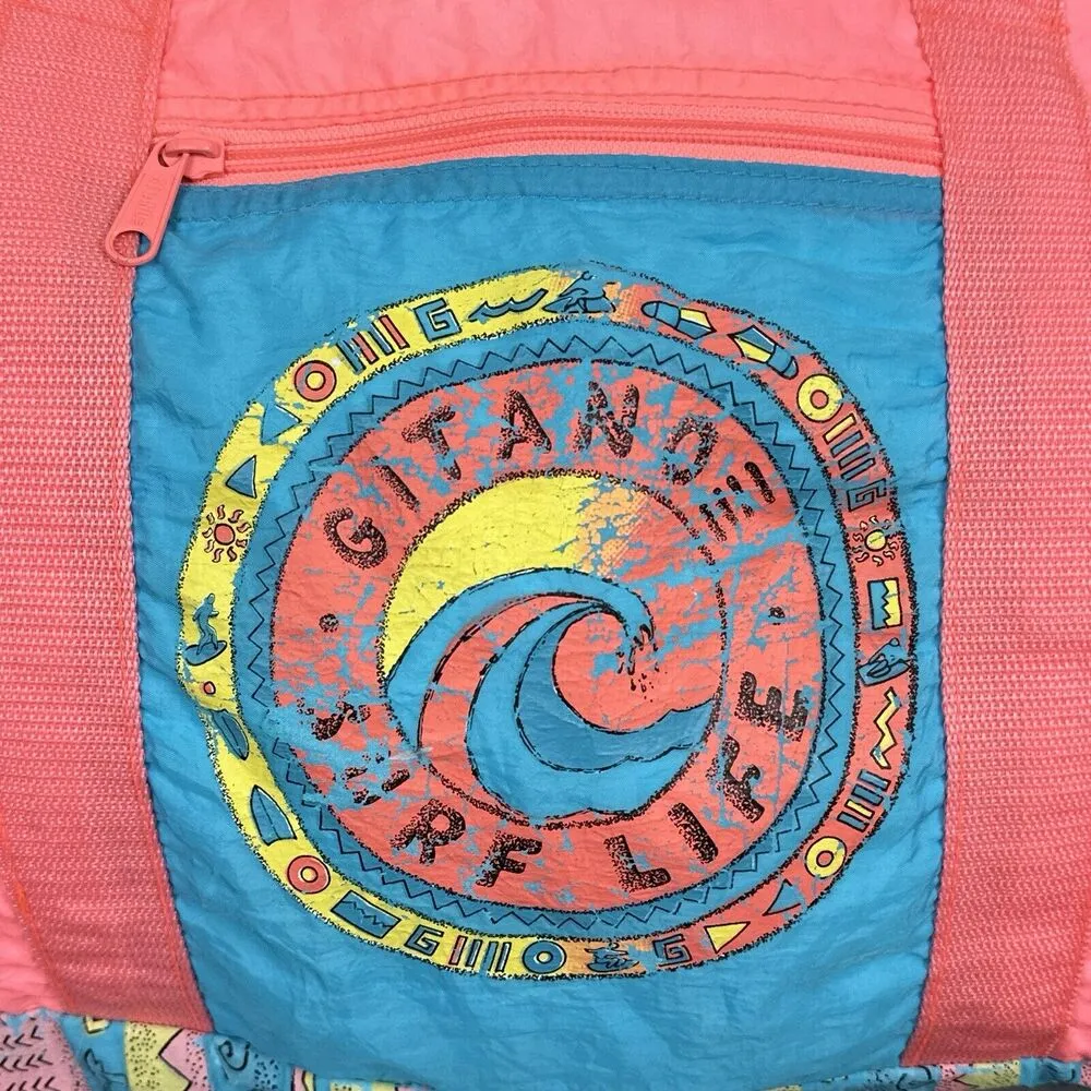 Vintage Gitano Surf Life Duffle Bag Matching Wrist Bag Windbreaker Neon Tote Orange - Image 2