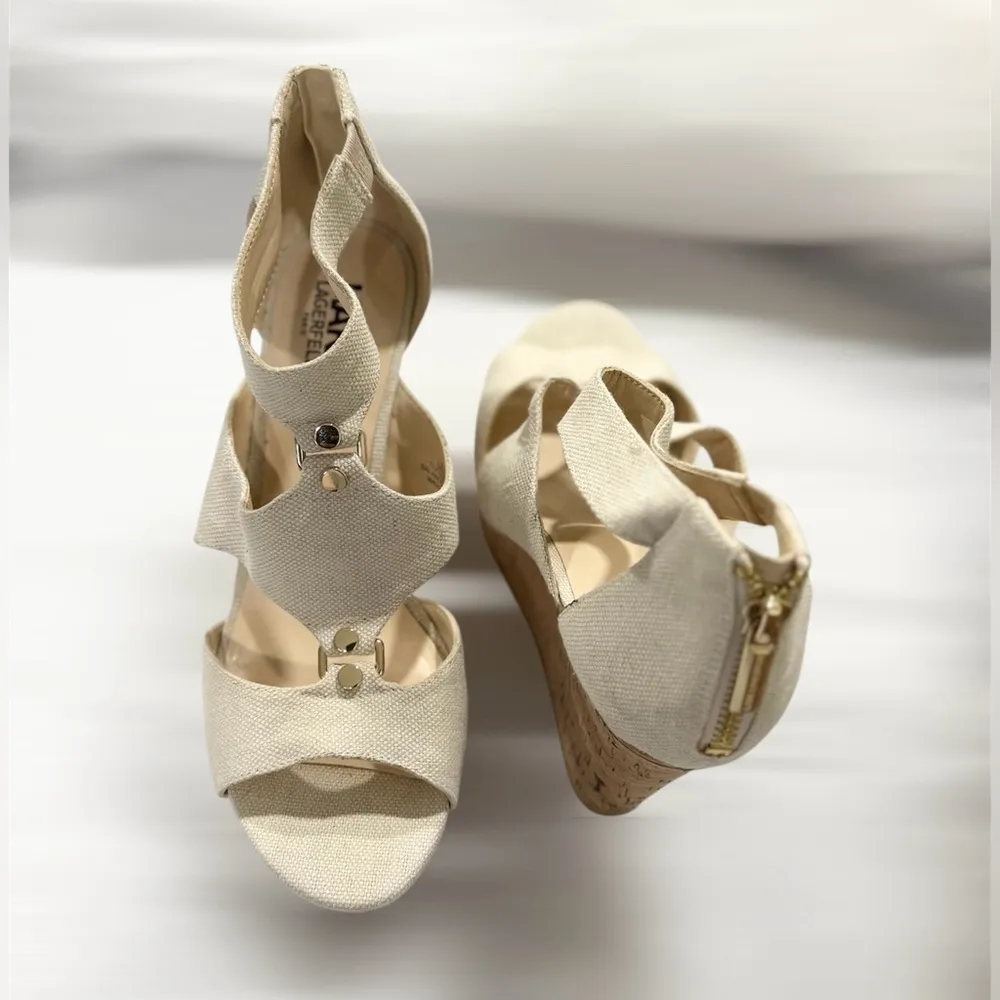 Karl Lagerfeld Sylvie Beige Canvas Cork Wedge Sandals 8M Gold Zip Back - Image 3