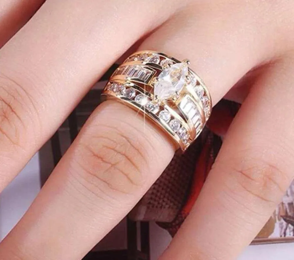 Gorgeous gold band marquise faux diamond Wedding ring set ! so realistic! Size 6 - Image 6