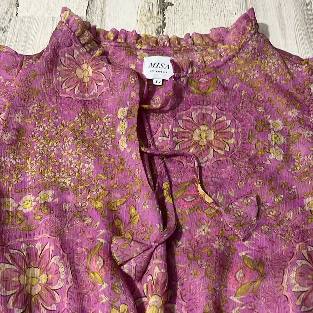 MISA Los Angeles Pink Lillian Split Neck Floral Ruffle Mini Dress Size XS - Image 6